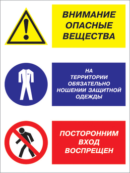 Кз 16 внимание опасные вещества - на территории обязательно ношение защитной одежды, посторонним вход воспрещен. (пластик, 400х600 мм) - Знаки безопасности - Комбинированные знаки безопасности - . Магазин Znakstend.ru